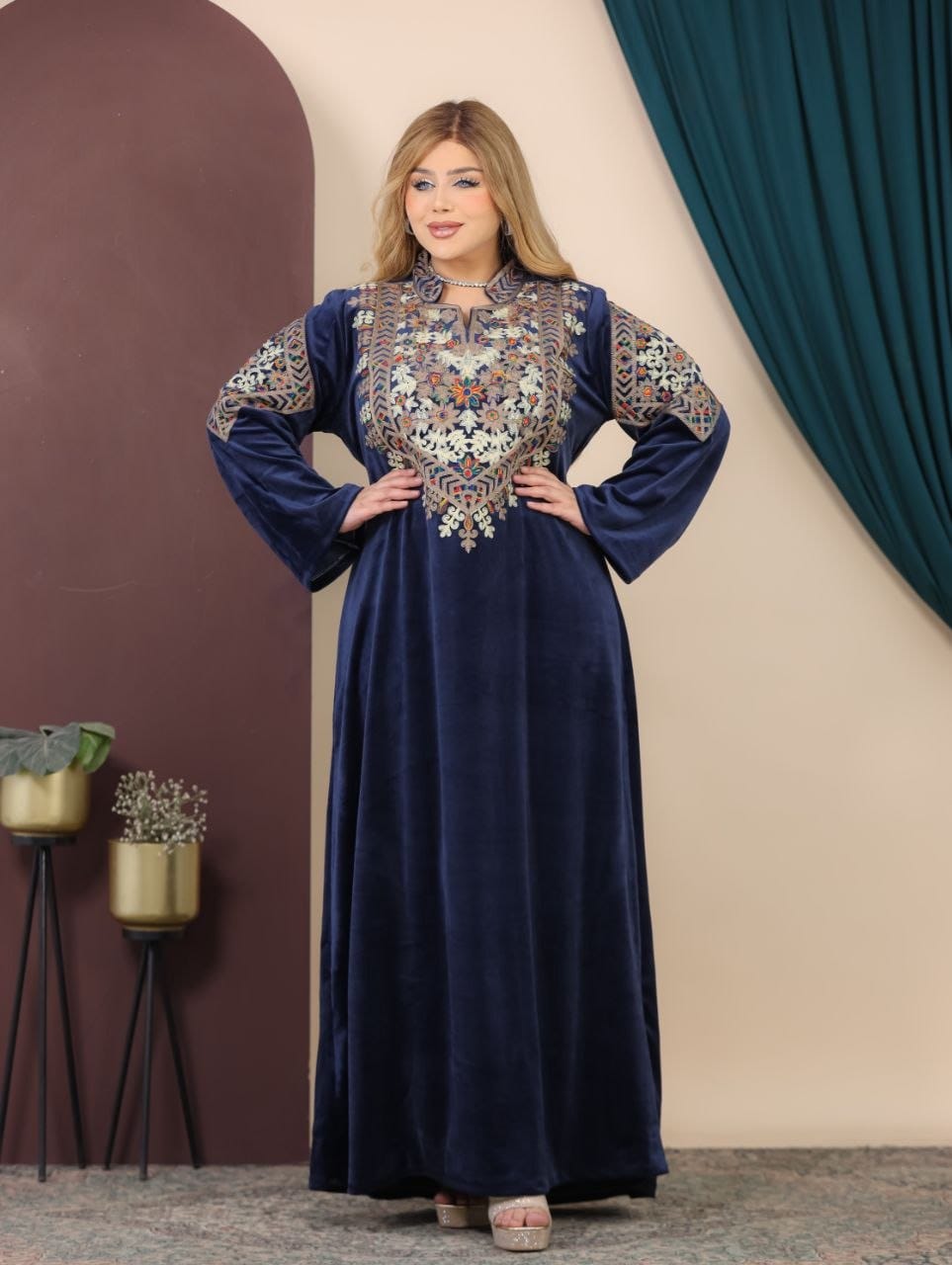GLB_2 — Navy embroidered maxi dress with back tie full-length view, 1: 60–85 kg; 2: 85–120 kg (Navy)