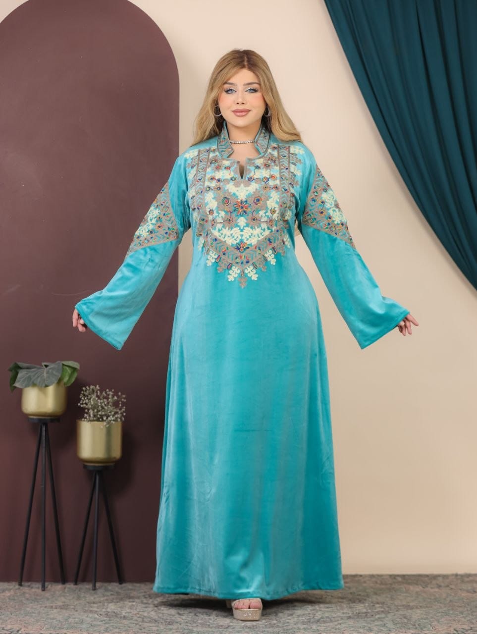 GLB_2 — Turquoise embroidered maxi dress with back tie front view, 1: 60–85 kg; 2: 85–120 kg (Turquoise)