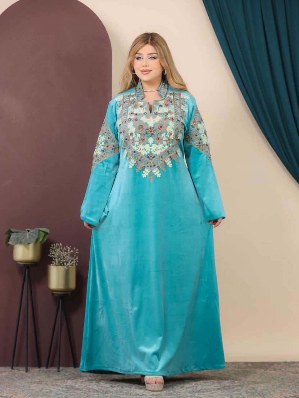 GLB_2 — Turquoise embroidered maxi dress with back tie full-length view, 1: 60–85 kg; 2: 85–120 kg (Turquoise)