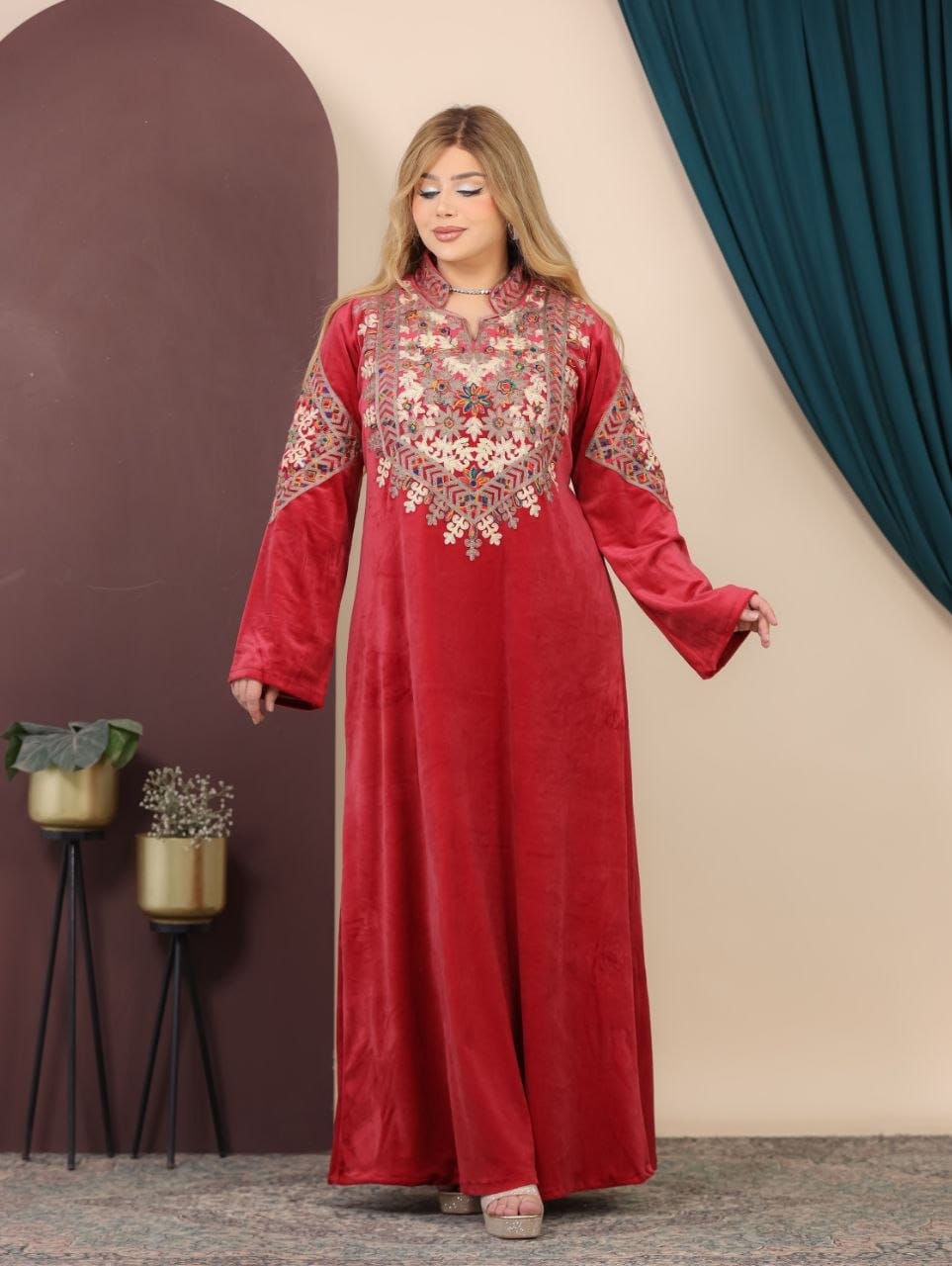 GLB_2 — Red embroidered maxi dress with back tie sleeve view, 1: 60–85 kg; 2: 85–120 kg (Red)
