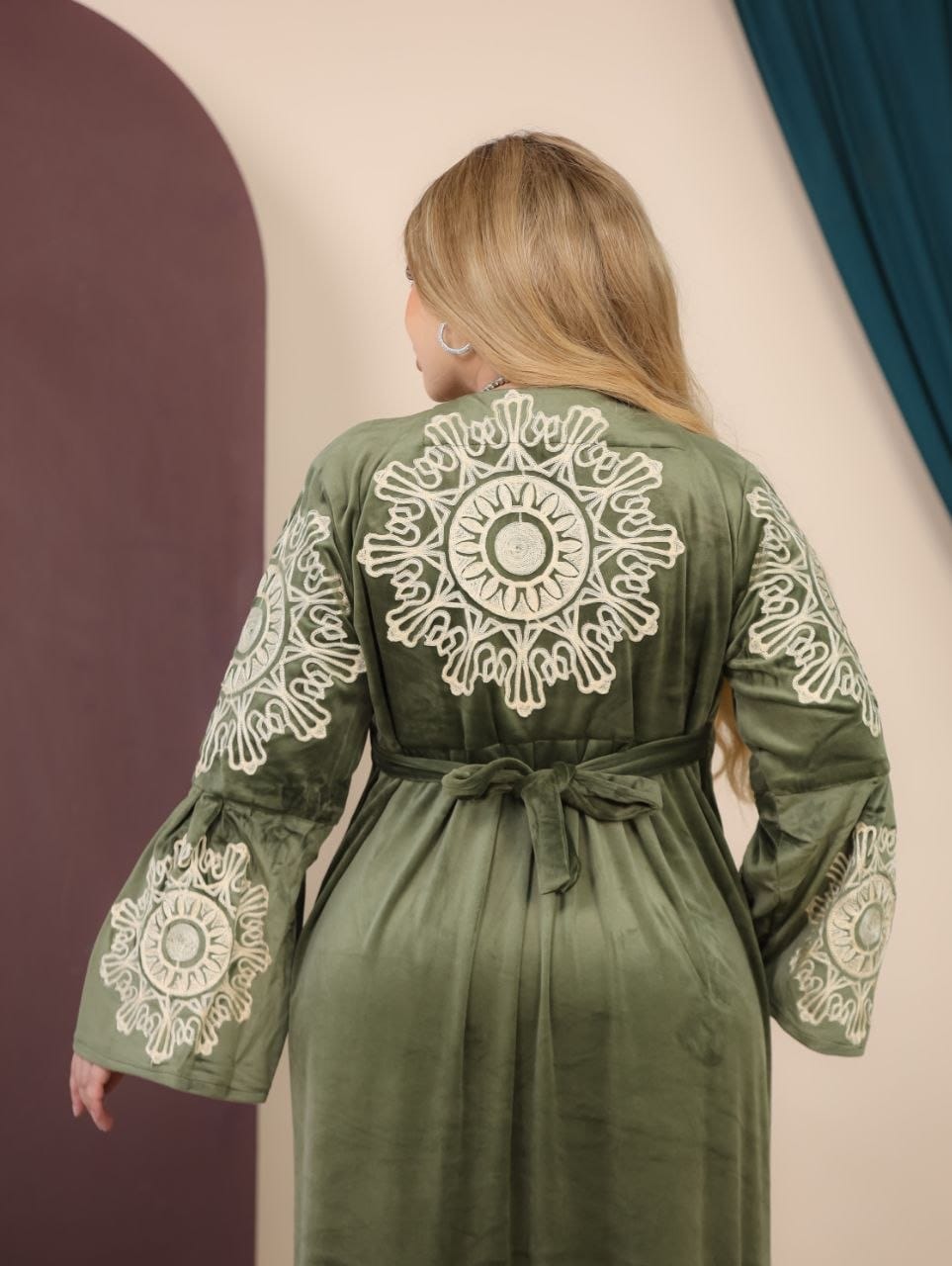GLB_3 — Olive medallion-embroidered maxi dress back view, 1: 60–85 kg; 2: 85–120 kg (Olive)
