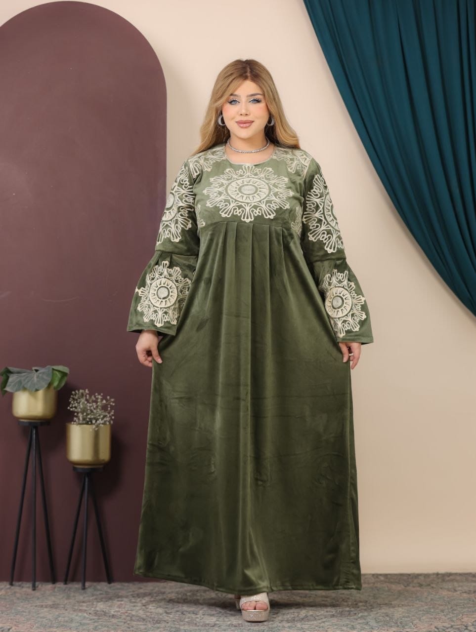 GLB_3 — Olive medallion-embroidered maxi dress full-length view, 1: 60–85 kg; 2: 85–120 kg (Olive)