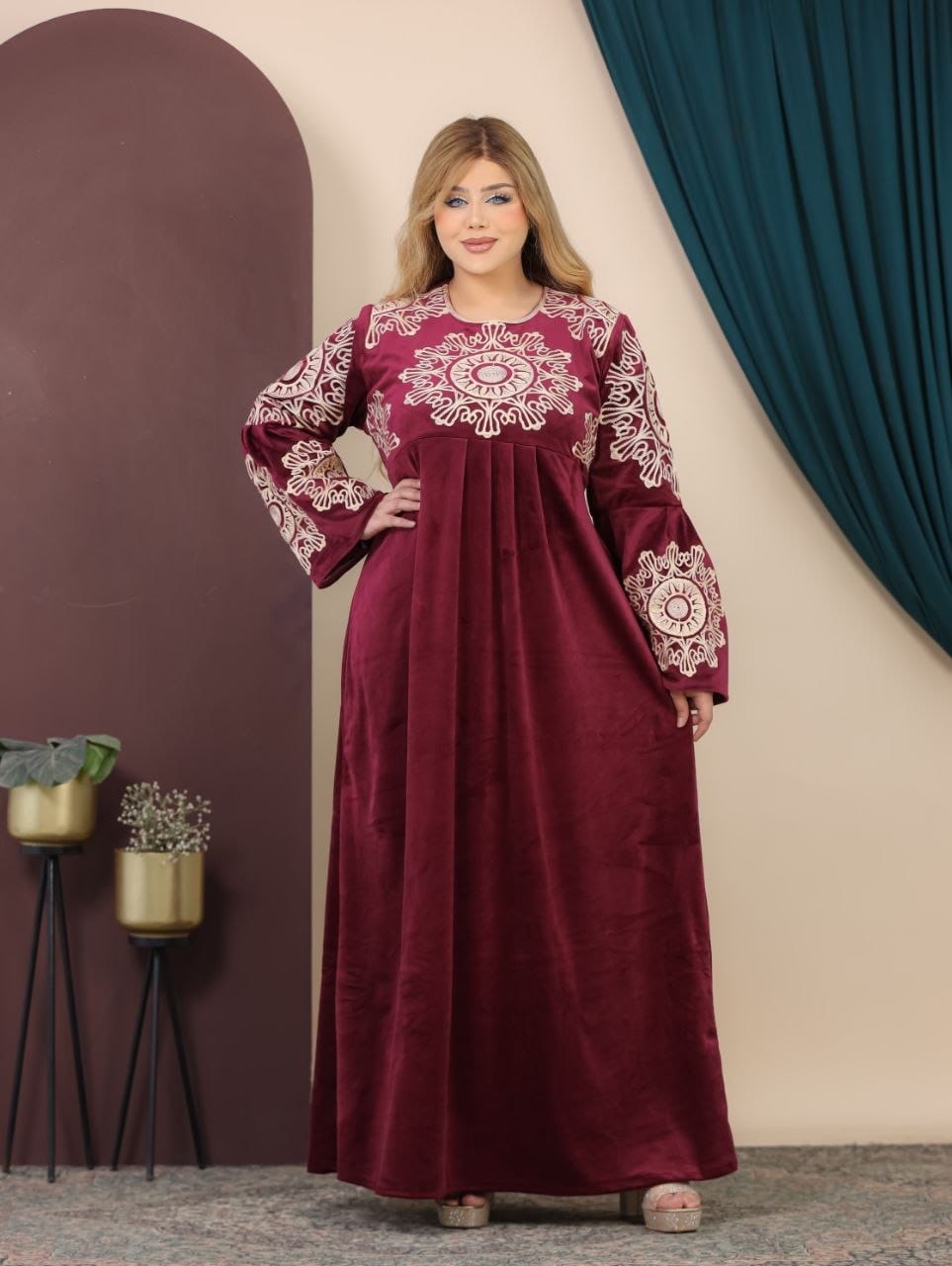 GLB_3 — Burgundy medallion-embroidered maxi dress full-length view, 1: 60–85 kg; 2: 85–120 kg (Burgundy)