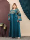 GLB_3 — Teal medallion-embroidered maxi dress front view, 1: 60–85 kg; 2: 85–120 kg (Teal)
