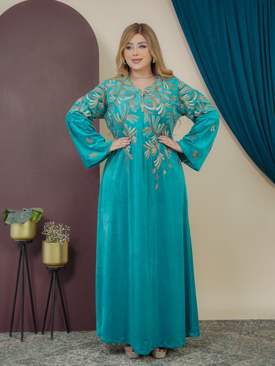 GLB_4 — Turquoise leaf-embroidered maxi dress full-length view, 1: 60–85 kg; 2: 85–120 kg (Turquoise)
