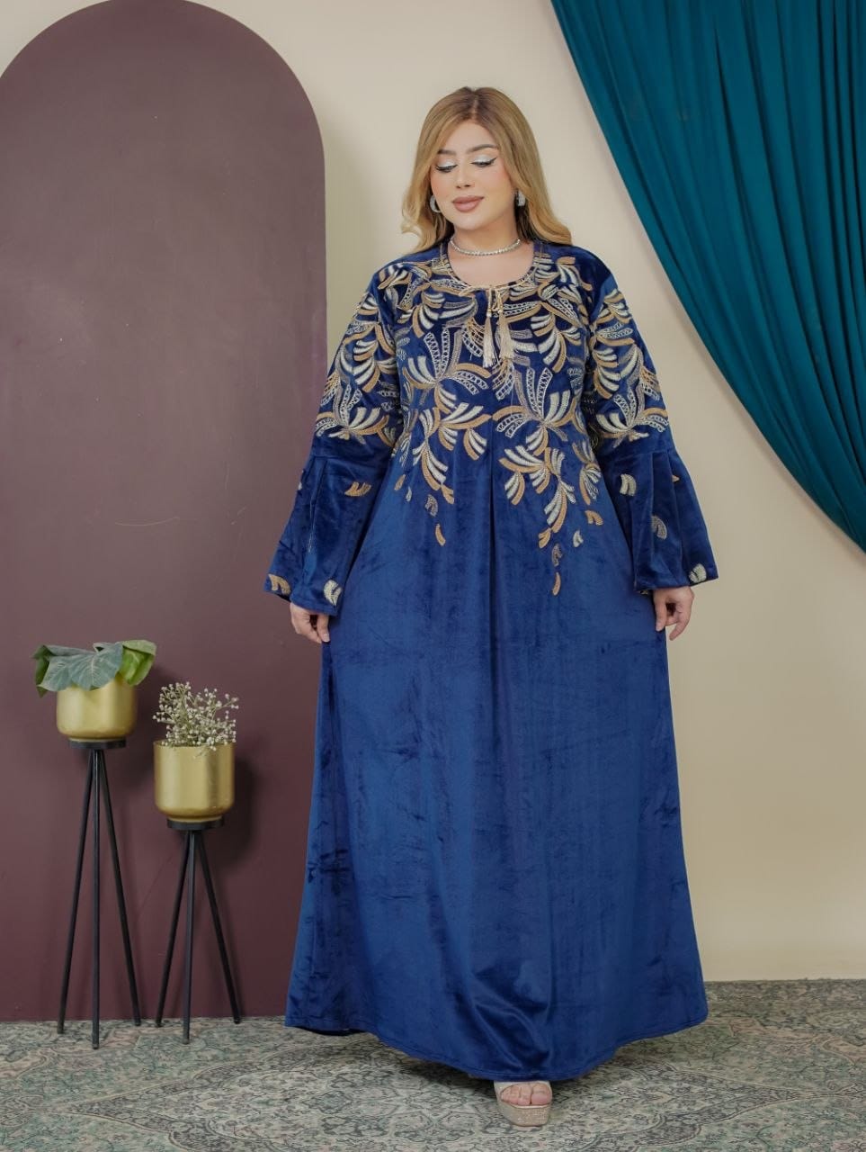 GLB_4 — Navy leaf-embroidered maxi dress full-length view, 1: 60–85 kg; 2: 85–120 kg (Navy)