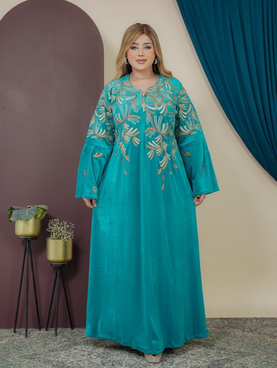 GLB_4 — Turquoise leaf-embroidered maxi dress alternate front view, 1: 60–85 kg; 2: 85–120 kg (Turquoise)