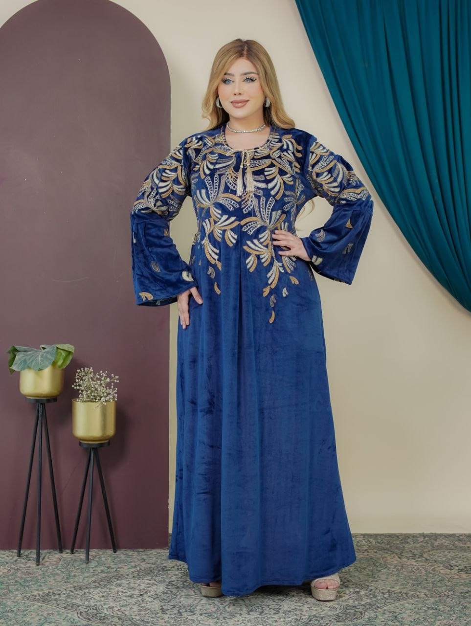 GLB_4 — Navy leaf-embroidered maxi dress alternate front view, 1: 60–85 kg; 2: 85–120 kg (Navy)