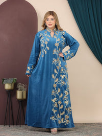 GLB_5 — Blue floral-vine embroidered maxi dress front view, 1: 60–85 kg; 2: 85–120 kg (Blue)