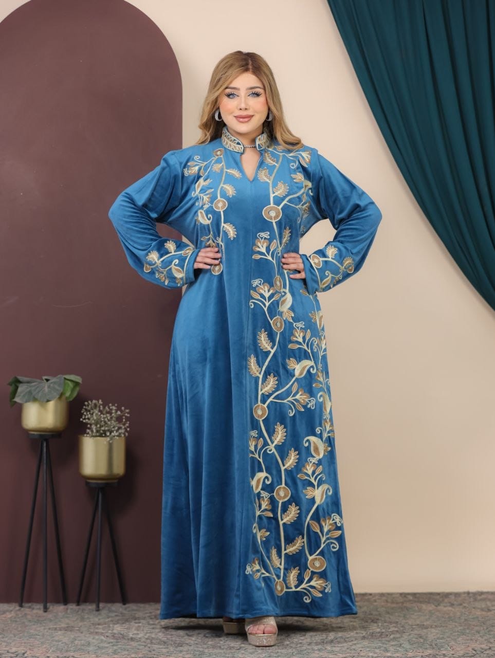GLB_5 — Blue floral-vine embroidered maxi dress full-length view, 1: 60–85 kg; 2: 85–120 kg (Blue)