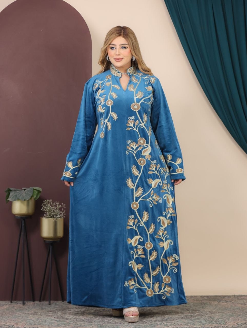 GLB_5 — Blue floral-vine embroidered maxi dress alternate front view, 1: 60–85 kg; 2: 85–120 kg (Blue)