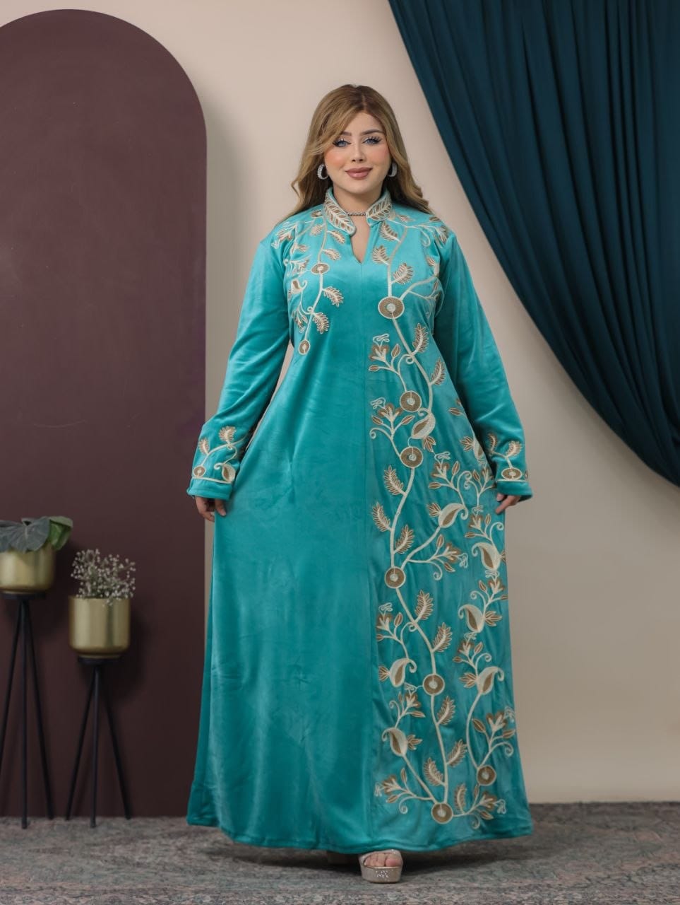 GLB_5 — Turquoise floral-vine embroidered maxi dress full-length view, 1: 60–85 kg; 2: 85–120 kg (Turquoise)