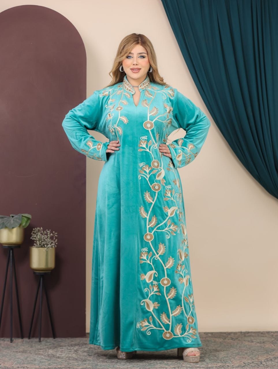 GLB_5 — Turquoise floral-vine embroidered maxi dress alternate front view, 1: 60–85 kg; 2: 85–120 kg (Turquoise)