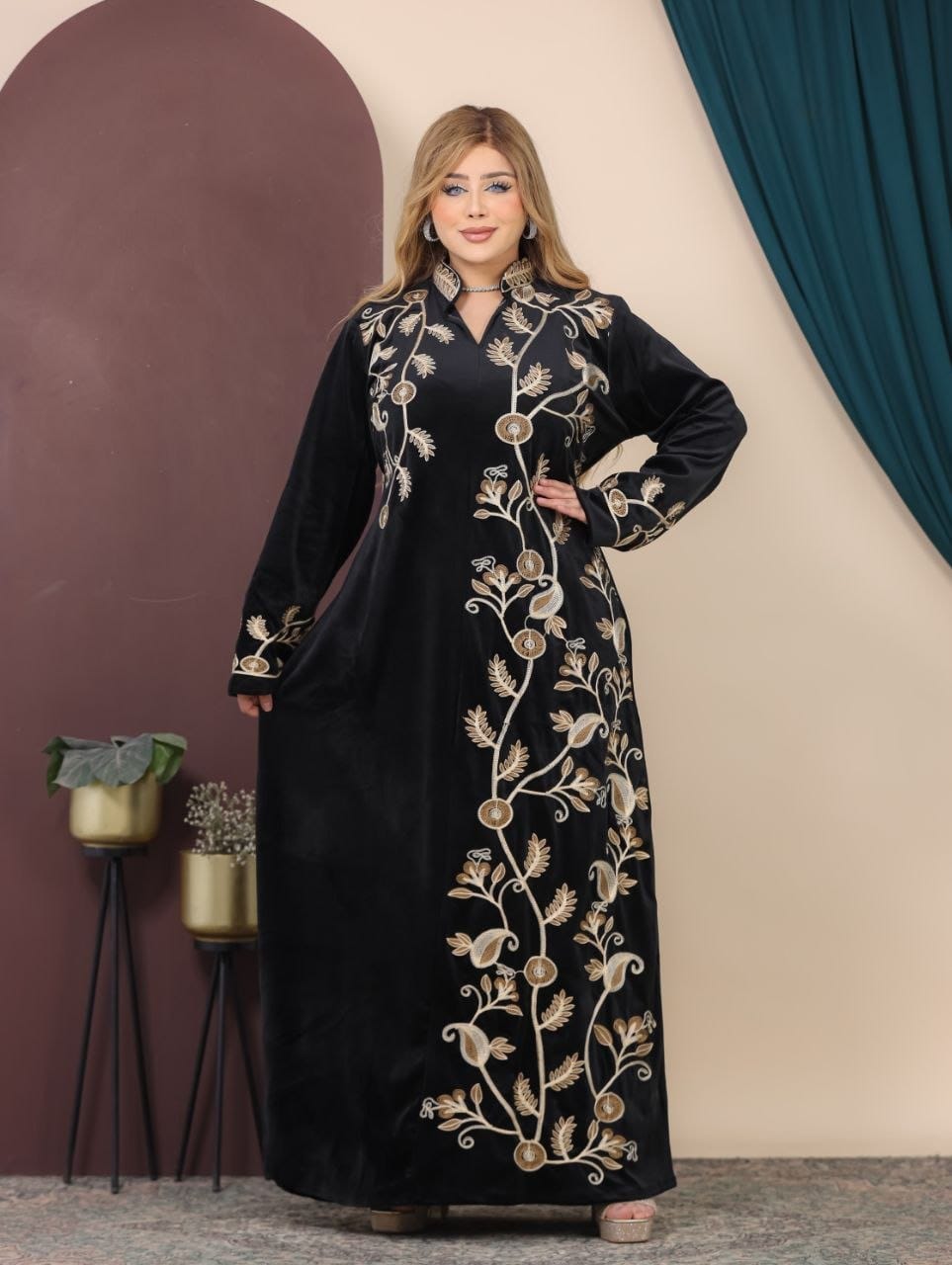 GLB_5 — Black floral-vine embroidered maxi dress alternate front view, 1: 60–85 kg; 2: 85–120 kg (Black)