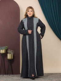GLB_6 — Charcoal / Gray contrast-panel button-front abaya front view, 1: 60–85 kg; 2: 85–120 kg (Charcoal / Gray)