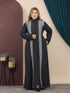 GLB_6 — Charcoal / Gray contrast-panel button-front abaya front view, 1: 60–85 kg; 2: 85–120 kg (Charcoal / Gray)