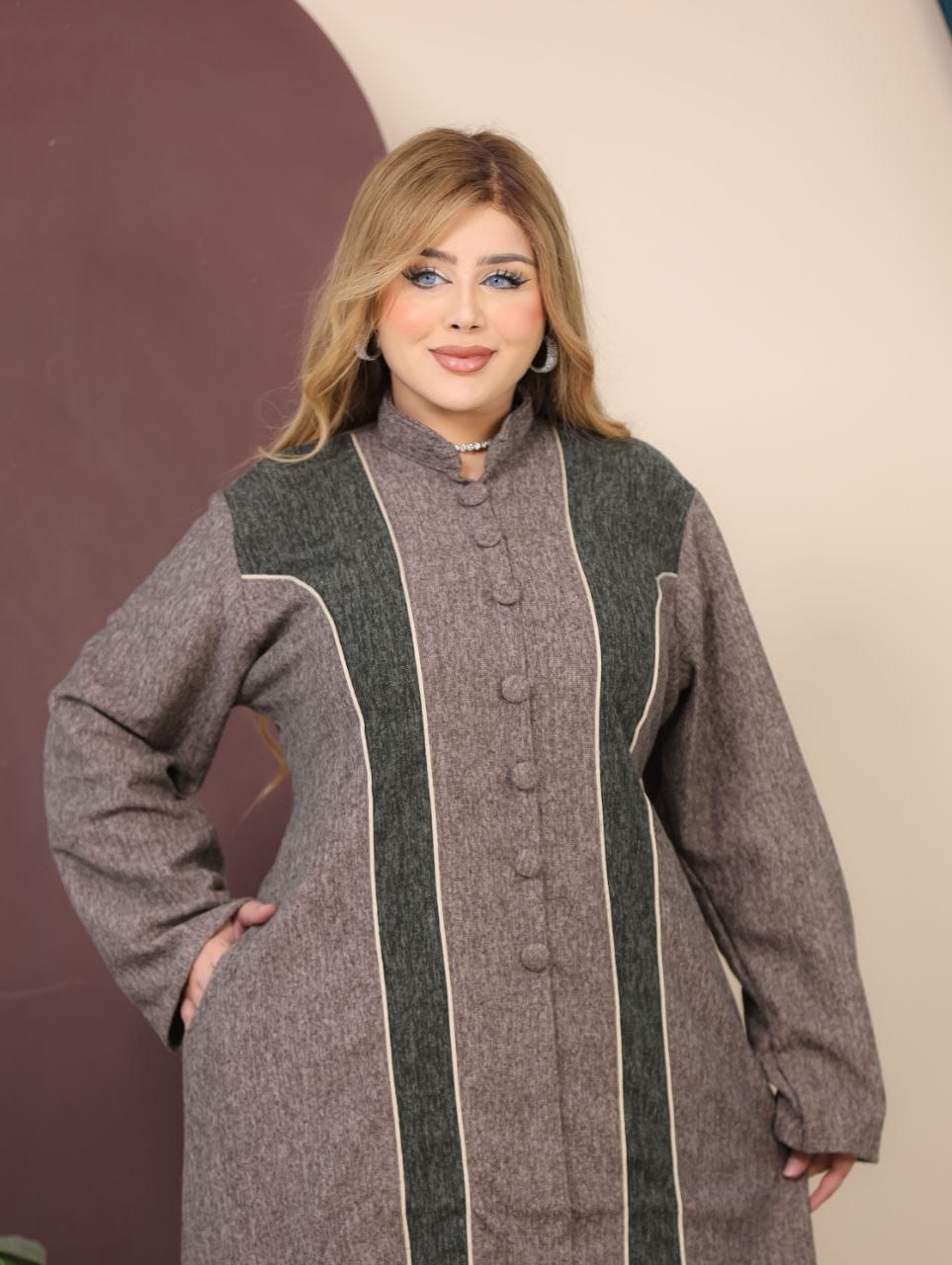 GLB_6 — Taupe / Olive contrast-panel button-front abaya bodice detail, 1: 60–85 kg; 2: 85–120 kg (Taupe / Olive)
