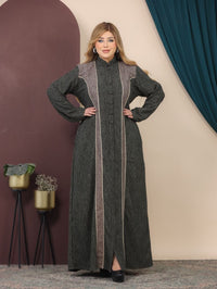 GLB_6 — Olive / Taupe contrast-panel button-front abaya front view, 1: 60–85 kg; 2: 85–120 kg (Olive / Taupe)
