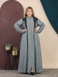 GLB_6 — Gray / Charcoal contrast-panel button-front abaya front view, 1: 60–85 kg; 2: 85–120 kg (Gray / Charcoal)