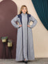 GLB_6 — Light Gray / Navy contrast-panel button-front abaya front view, 1: 60–85 kg; 2: 85–120 kg (Light Gray / Navy)