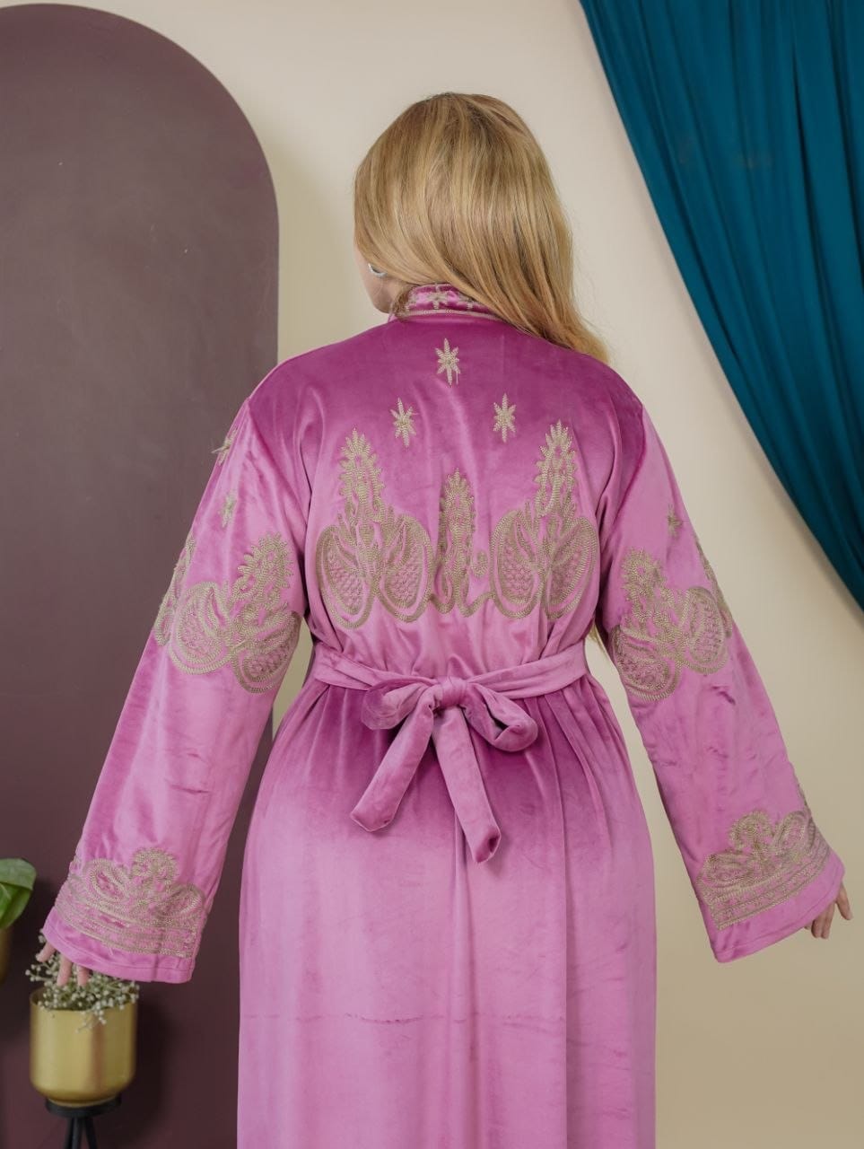 GLB_7 — Pink ornamental embroidered tie-back maxi dress back view, 1: 60–85 kg; 2: 85–120 kg (Pink)