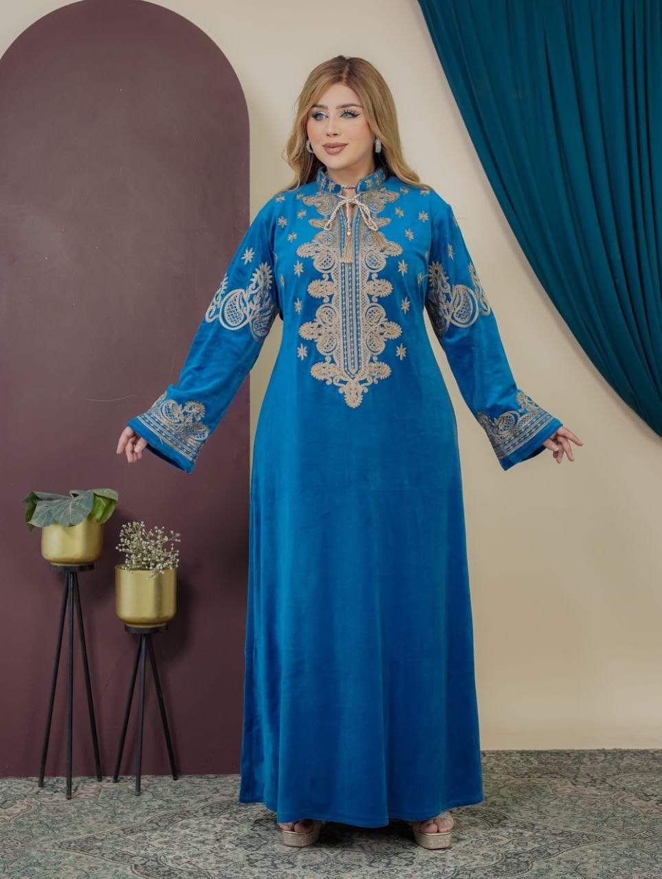 GLB_7 — Blue ornamental embroidered tie-back maxi dress front view, 1: 60–85 kg; 2: 85–120 kg (Blue)