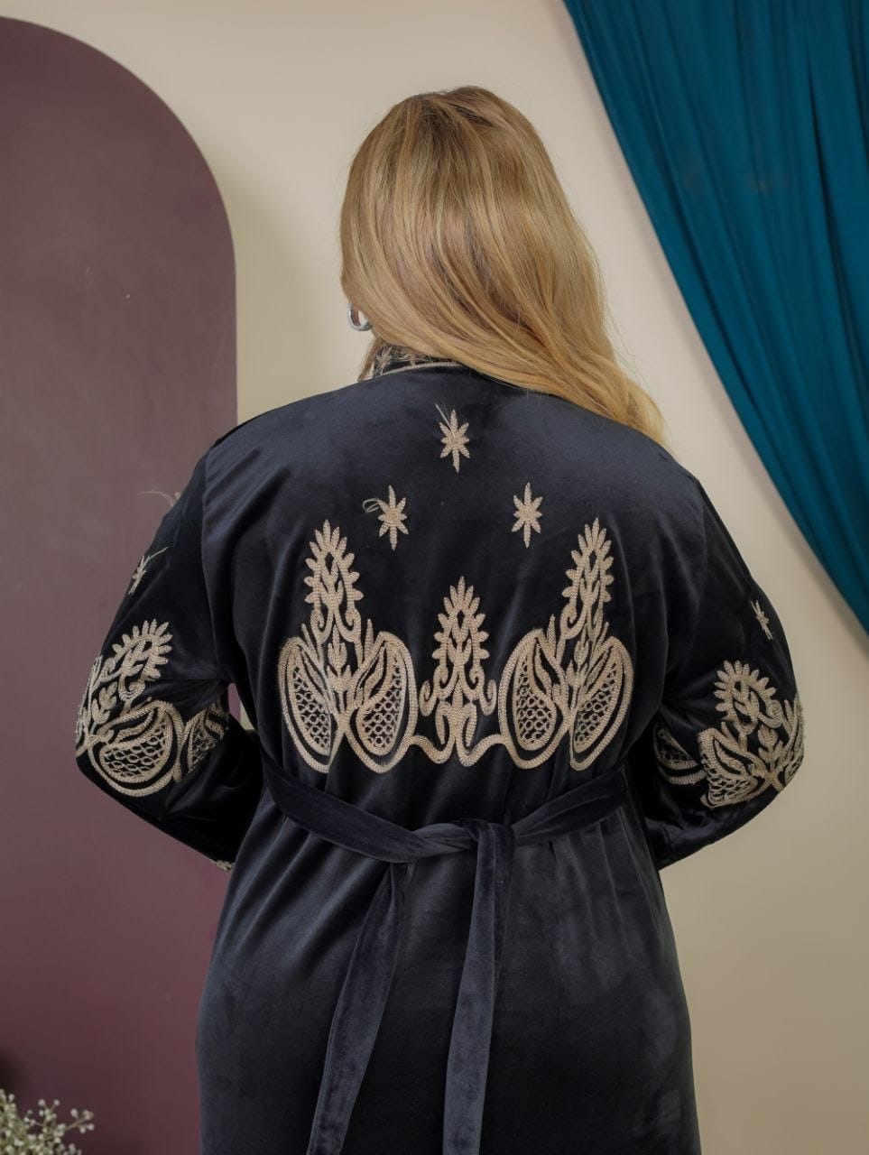 GLB_7 — Black ornamental embroidered tie-back maxi dress back view, 1: 60–85 kg; 2: 85–120 kg (Black)