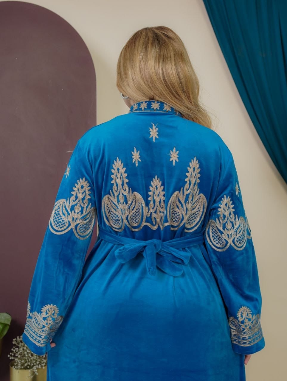 GLB_7 — Blue ornamental embroidered tie-back maxi dress back view, 1: 60–85 kg; 2: 85–120 kg (Blue)