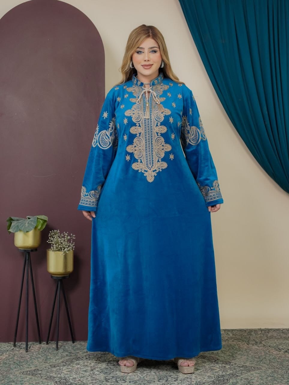 GLB_7 — Blue ornamental embroidered tie-back maxi dress front view, 1: 60–85 kg; 2: 85–120 kg (Blue)