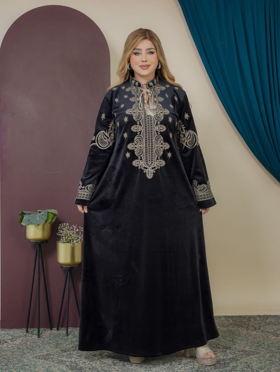 GLB_7 — Black ornamental embroidered tie-back maxi dress front view, 1: 60–85 kg; 2: 85–120 kg (Black)