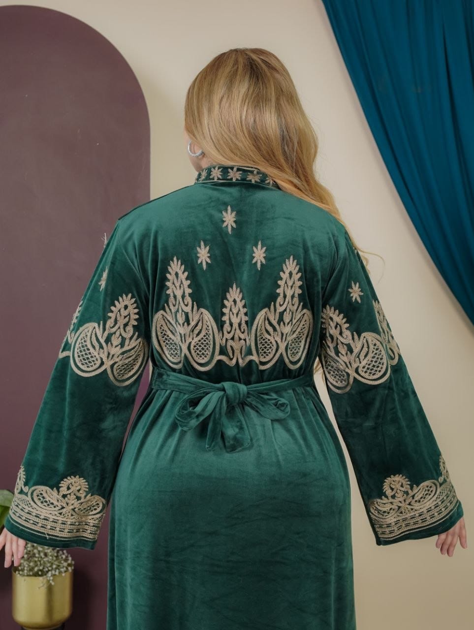 GLB_7 — Green ornamental embroidered tie-back maxi dress back view, 1: 60–85 kg; 2: 85–120 kg (Green)
