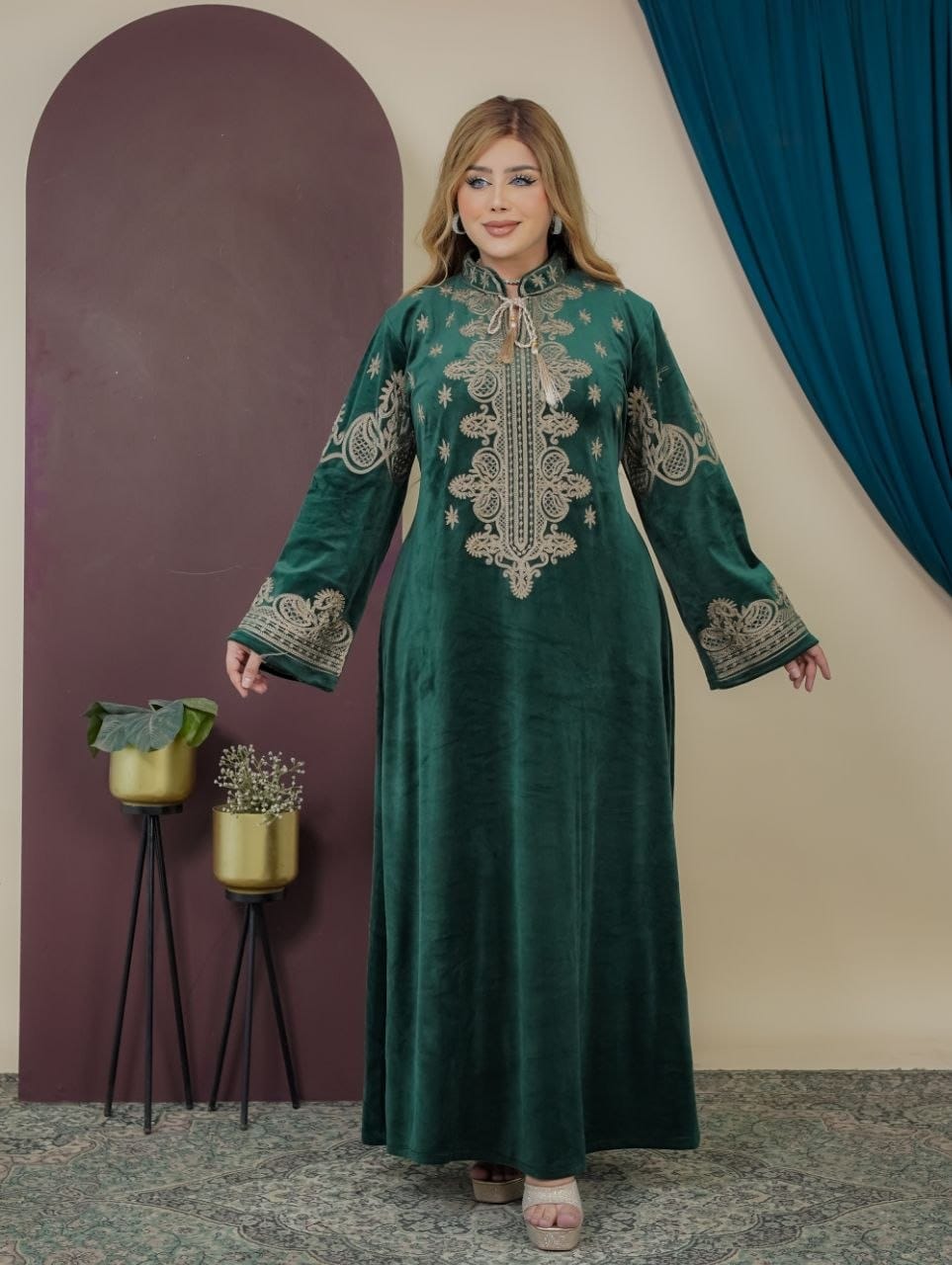 GLB_7 — Green ornamental embroidered tie-back maxi dress front view, 1: 60–85 kg; 2: 85–120 kg (Green)