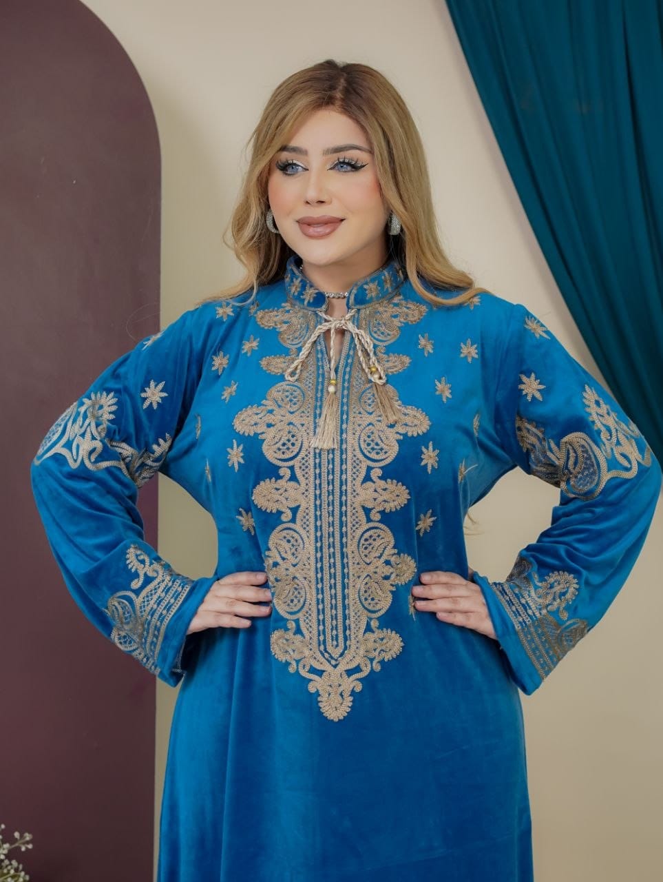 GLB_7 — Blue ornamental embroidered tie-back maxi dress embroidery detail, 1: 60–85 kg; 2: 85–120 kg (Blue)