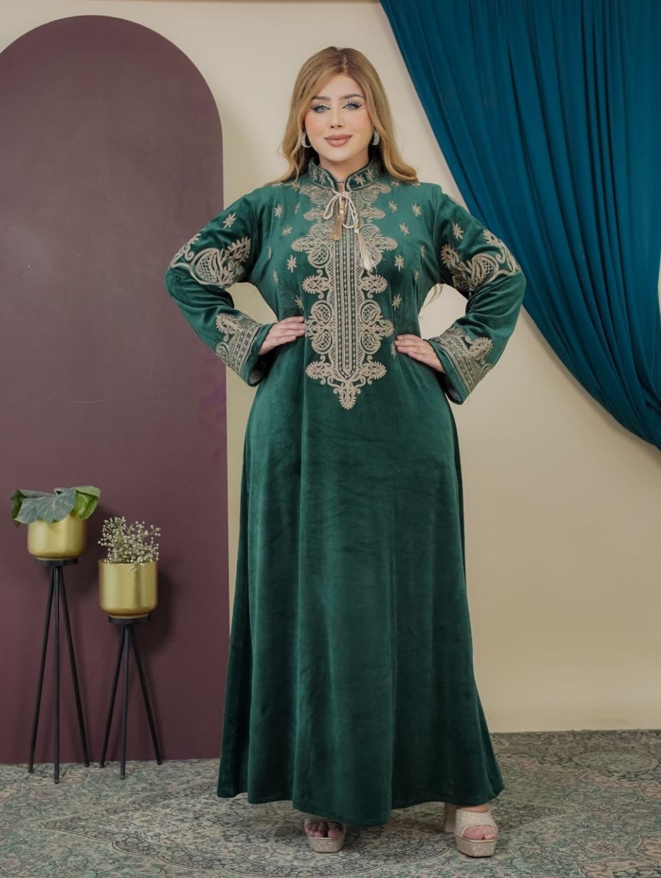 GLB_7 — Green ornamental embroidered tie-back maxi dress front view, 1: 60–85 kg; 2: 85–120 kg (Green)