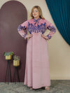 GLB_9 — Pink floral-embroidered tie-neck maxi dress front view, 1: 60–85 kg; 2: 85–120 kg (Pink)