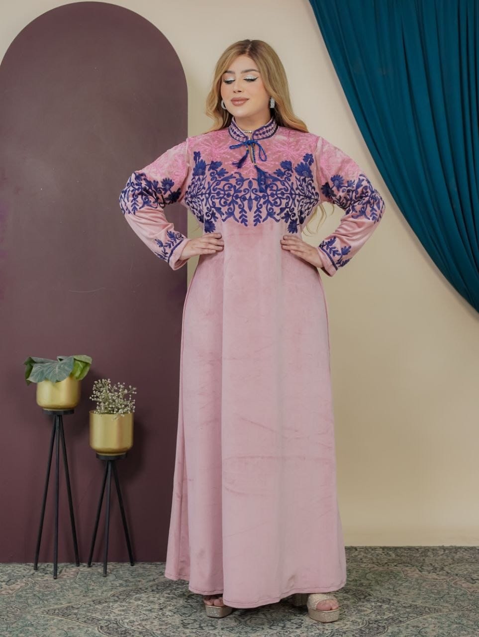 GLB_9 — Pink floral-embroidered tie-neck maxi dress front view, 1: 60–85 kg; 2: 85–120 kg (Pink)