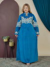 GLB_9 — Blue floral-embroidered tie-neck maxi dress front view, 1: 60–85 kg; 2: 85–120 kg (Blue)