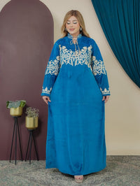 GLB_9 — Blue floral-embroidered tie-neck maxi dress front view, 1: 60–85 kg; 2: 85–120 kg (Blue)