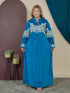 GLB_9 — Blue floral-embroidered tie-neck maxi dress front view, 1: 60–85 kg; 2: 85–120 kg (Blue)