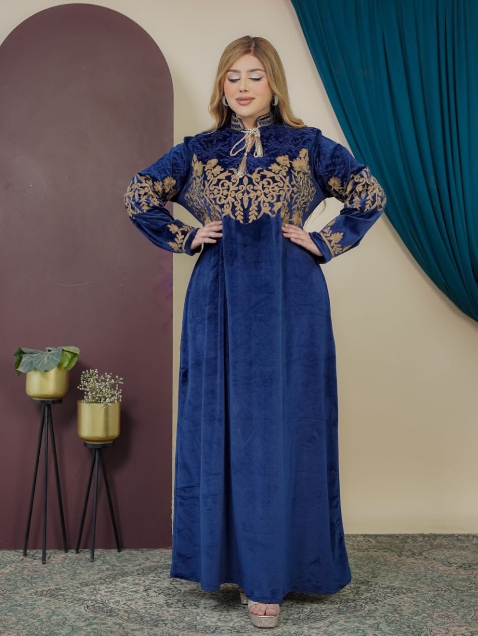 GLB_9 — Navy floral-embroidered tie-neck maxi dress front view, 1: 60–85 kg; 2: 85–120 kg (Navy)
