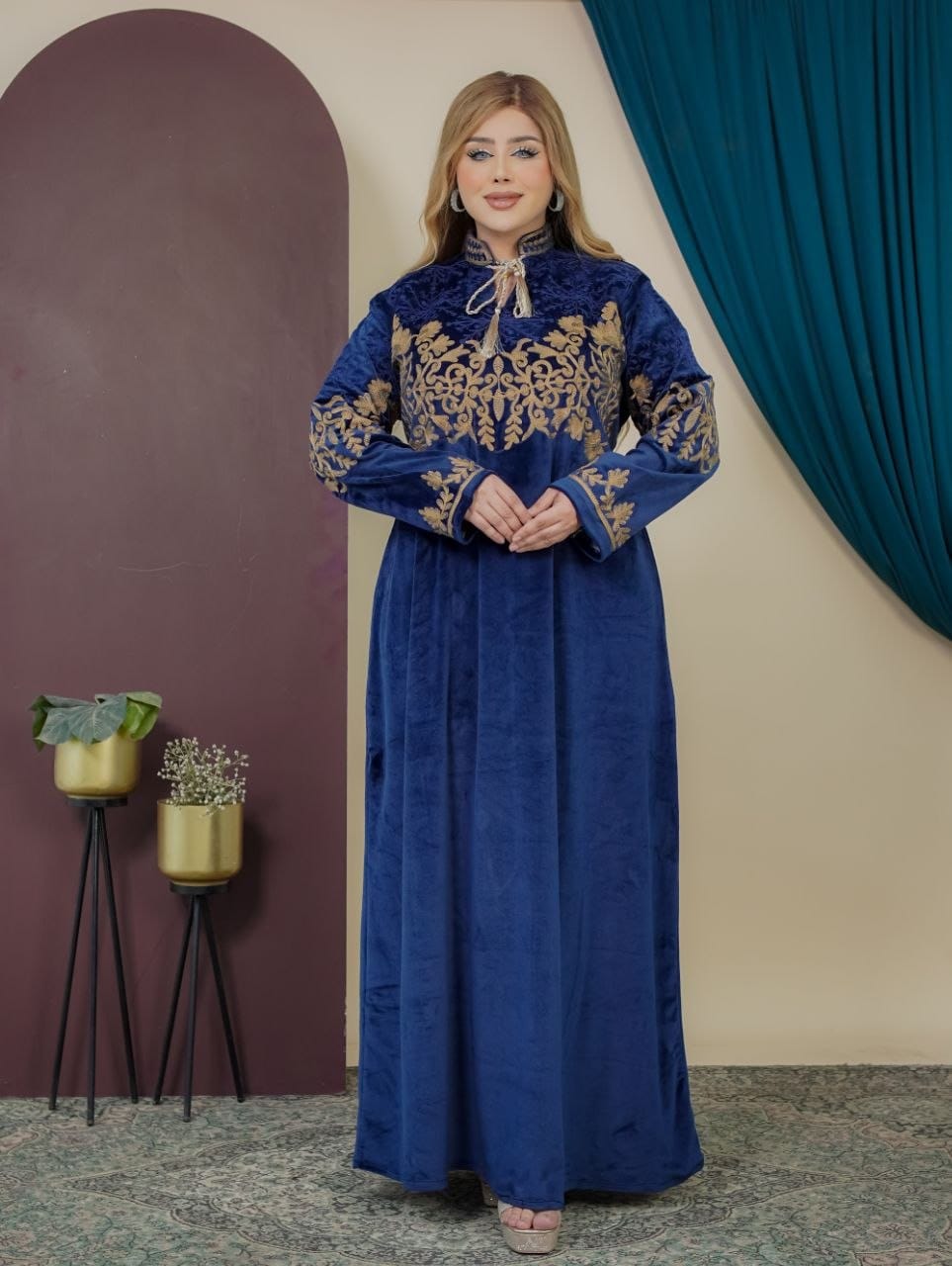 GLB_9 — Navy floral-embroidered tie-neck maxi dress front view, 1: 60–85 kg; 2: 85–120 kg (Navy)
