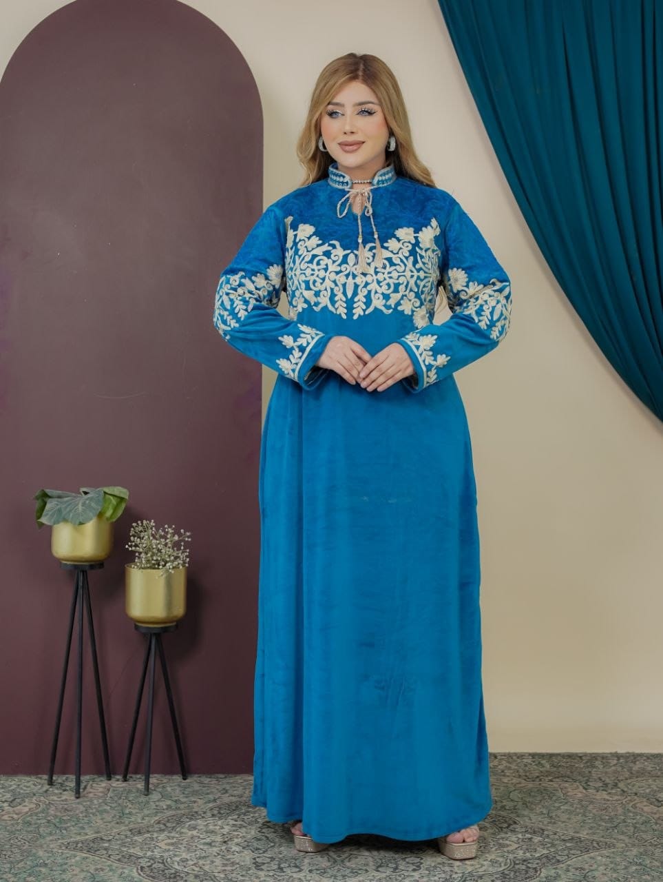 GLB_9 — Blue floral-embroidered tie-neck maxi dress front view, 1: 60–85 kg; 2: 85–120 kg (Blue)