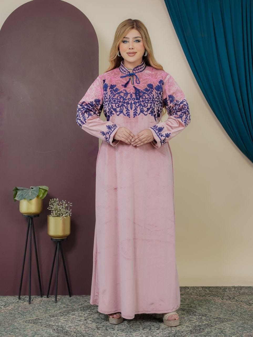 GLB_9 — Pink floral-embroidered tie-neck maxi dress front view, 1: 60–85 kg; 2: 85–120 kg (Pink)