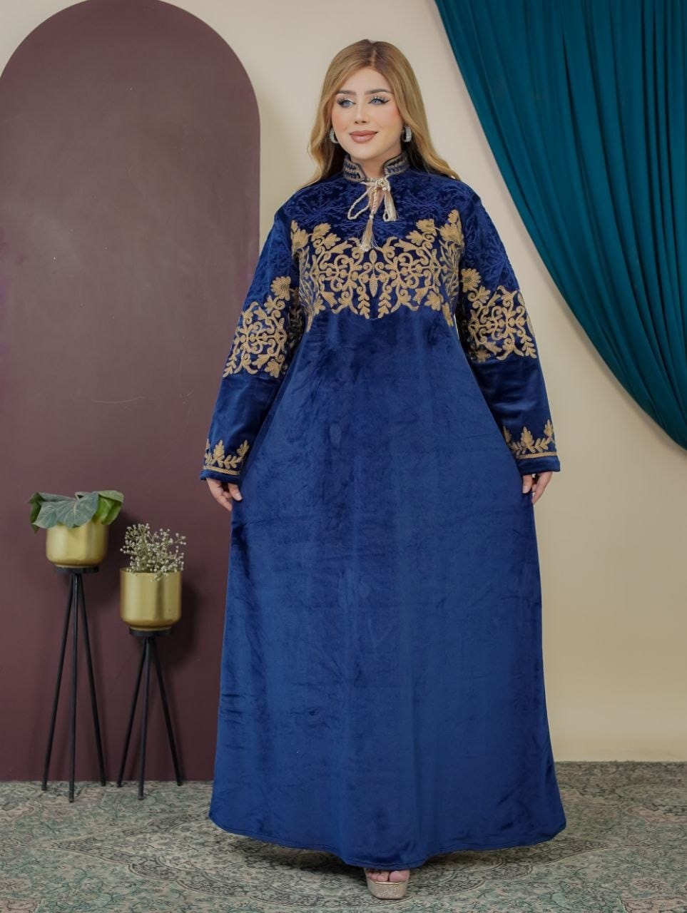 GLB_9 — Navy floral-embroidered tie-neck maxi dress front view, 1: 60–85 kg; 2: 85–120 kg (Navy)