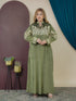 GLB_9 — Olive floral-embroidered tie-neck maxi dress front view, 1: 60–85 kg; 2: 85–120 kg (Olive)