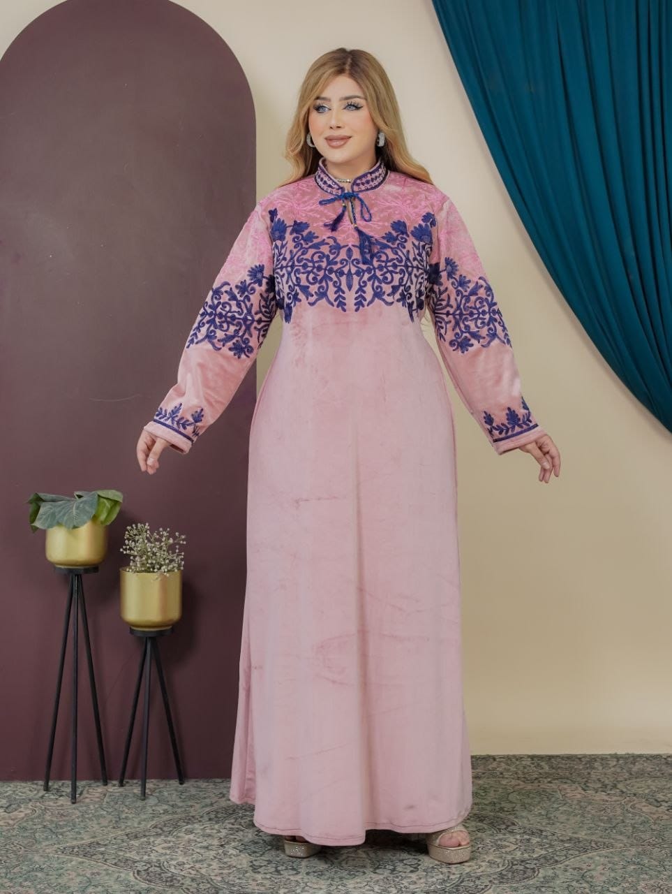 GLB_9 — Pink floral-embroidered tie-neck maxi dress front view, 1: 60–85 kg; 2: 85–120 kg (Pink)