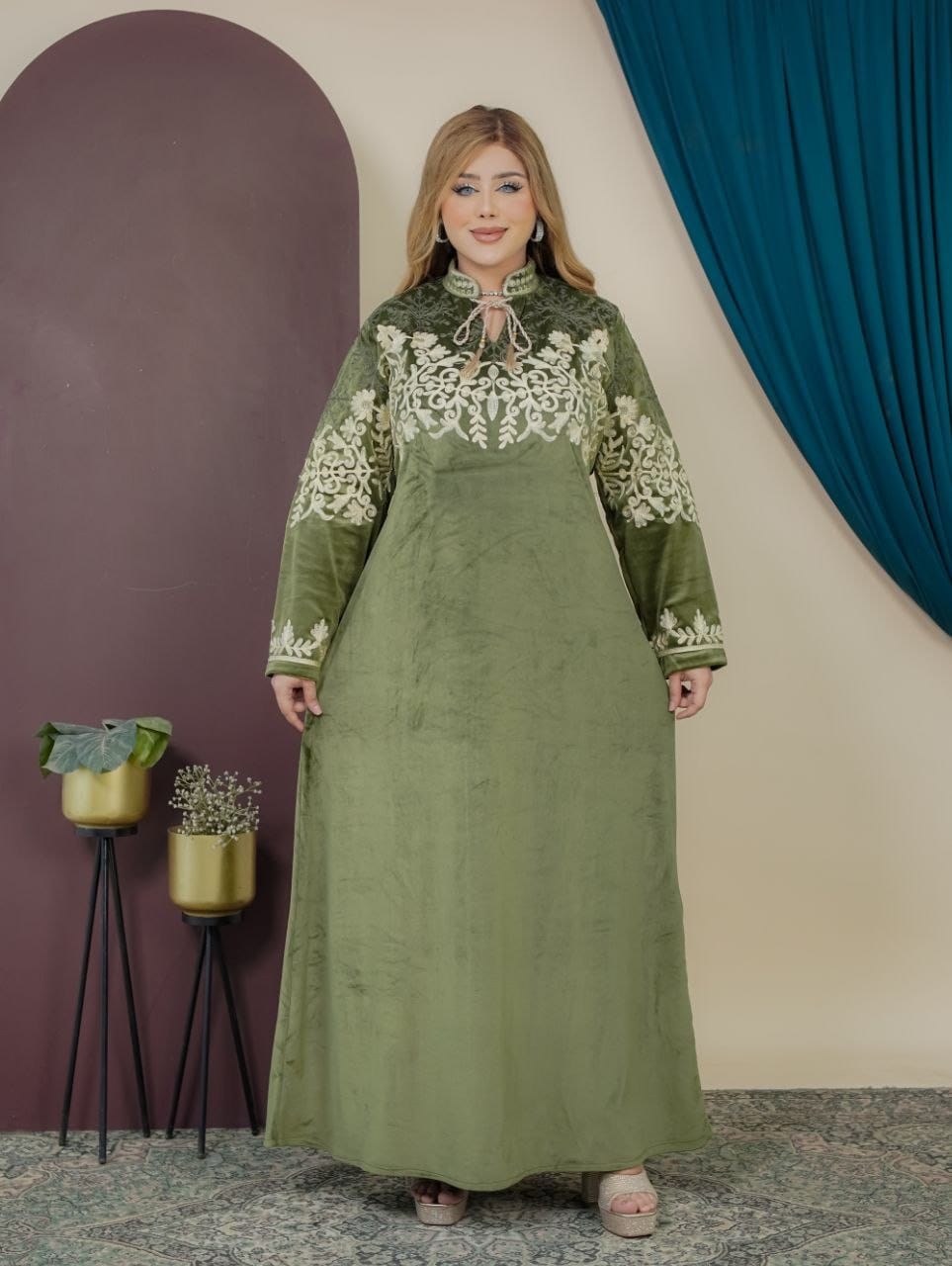 GLB_9 — Olive floral-embroidered tie-neck maxi dress front view, 1: 60–85 kg; 2: 85–120 kg (Olive)