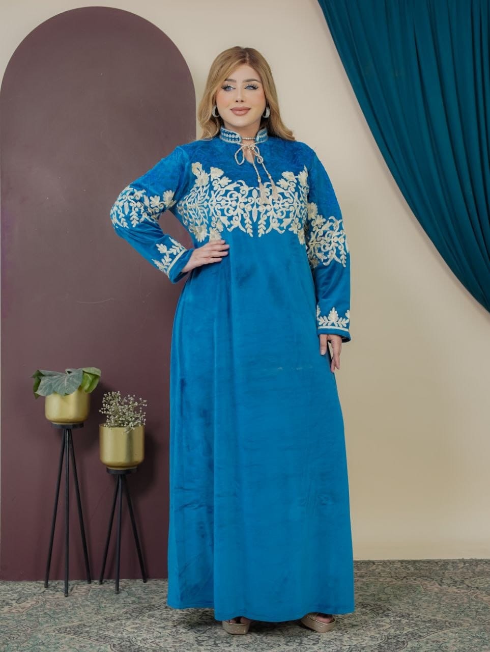 GLB_9 — Blue floral-embroidered tie-neck maxi dress front view, 1: 60–85 kg; 2: 85–120 kg (Blue)