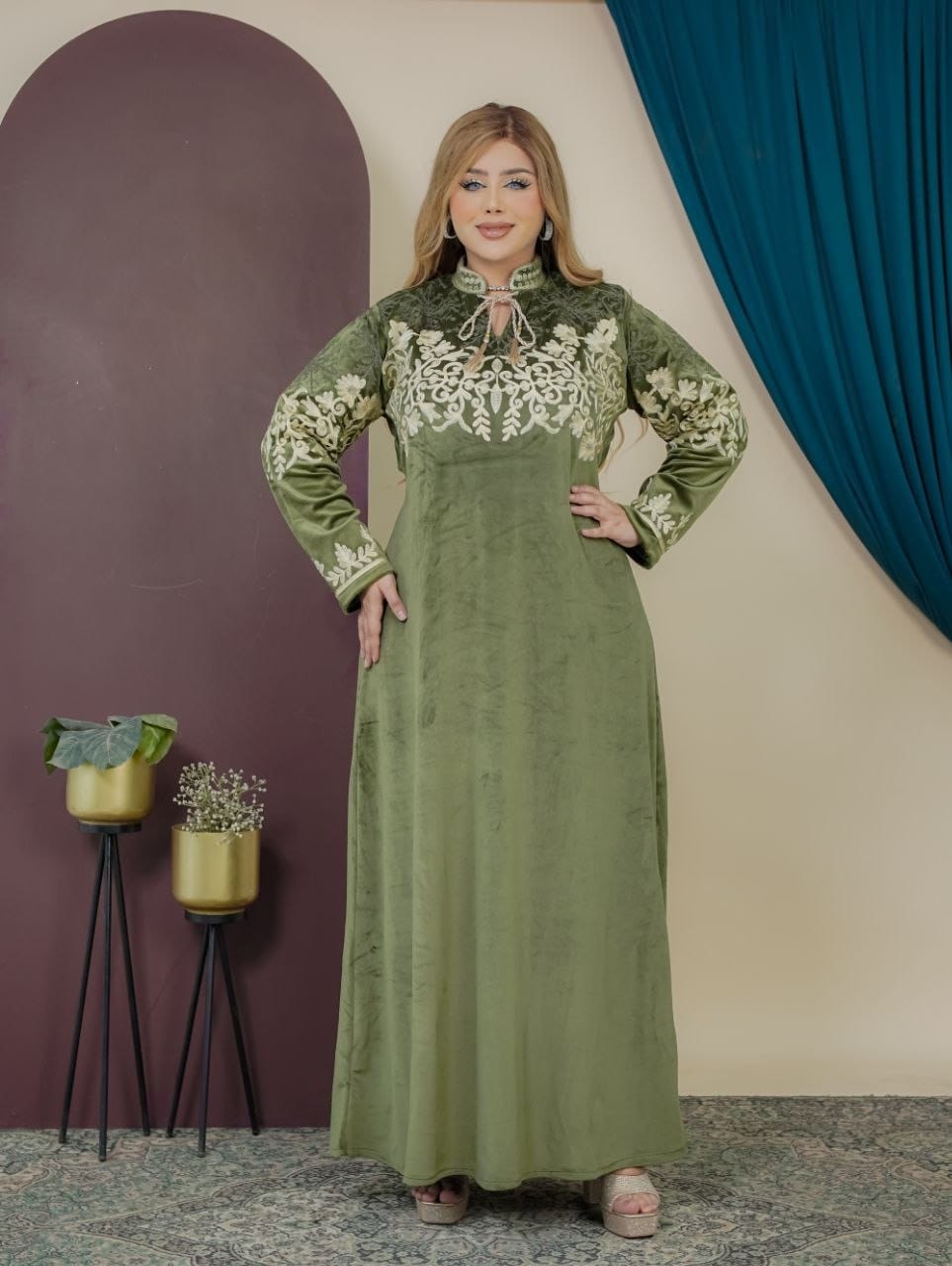 GLB_9 — Olive floral-embroidered tie-neck maxi dress front view, 1: 60–85 kg; 2: 85–120 kg (Olive)