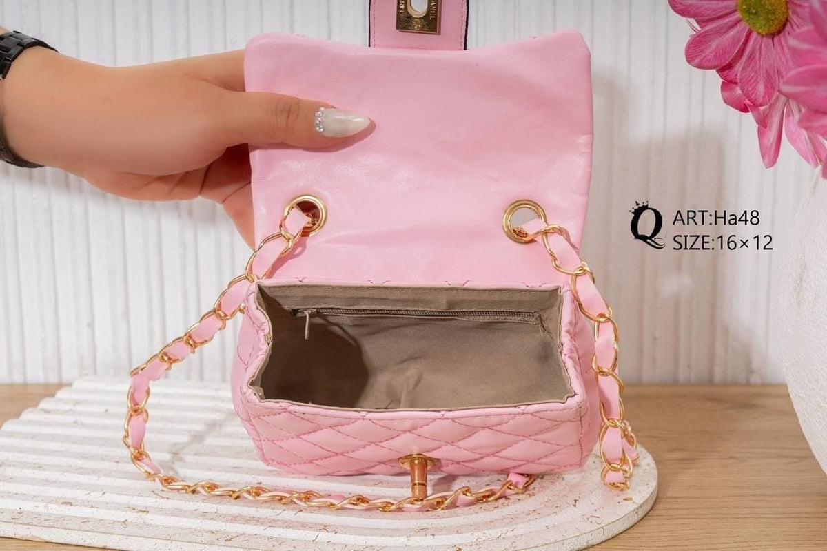 Ha48 — Pink mini quilted chain bag interior, 16 × 12 (Pink)